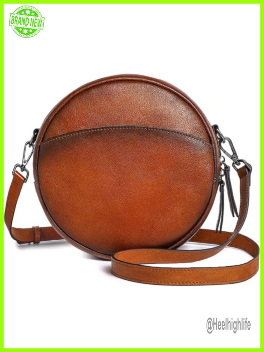 Genuine Cowhide Leather Round Crossbody Bag with 2 Interchangeable Straps